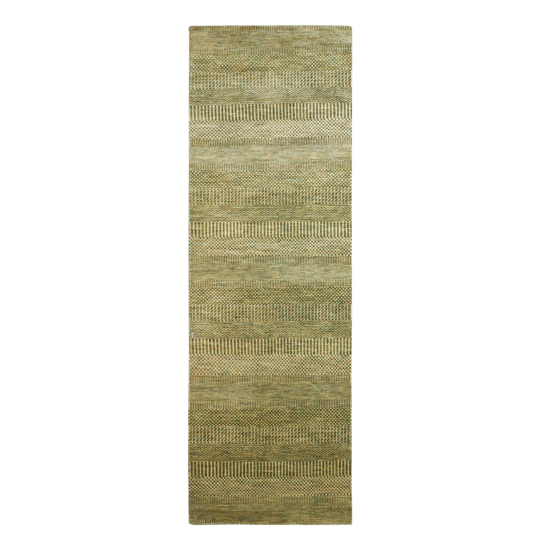 Khaki Brown, Modern Grass Design, Hand Knotted, Denser Weave, Wool and Silk, Lush and Plush, Runner, Oriental Rug